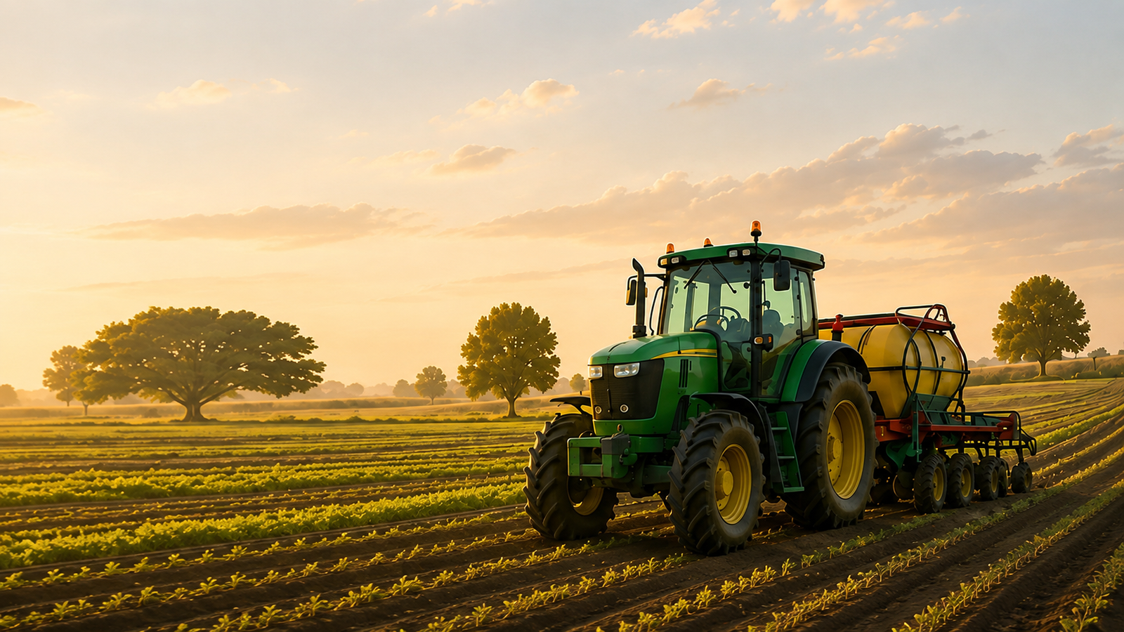 Tractor working in a cultivated field at sunset